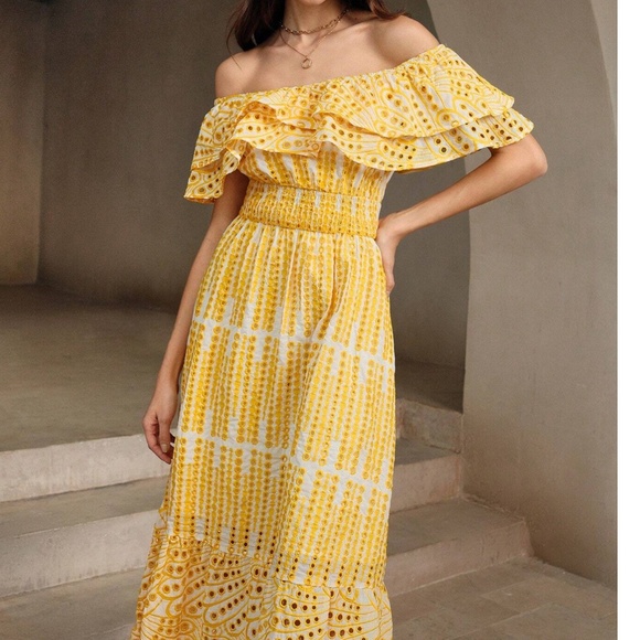 Boho Yellow Off Shoulder Eyelet Stretchy Waist Maxi Dress - Picture 4 of 5